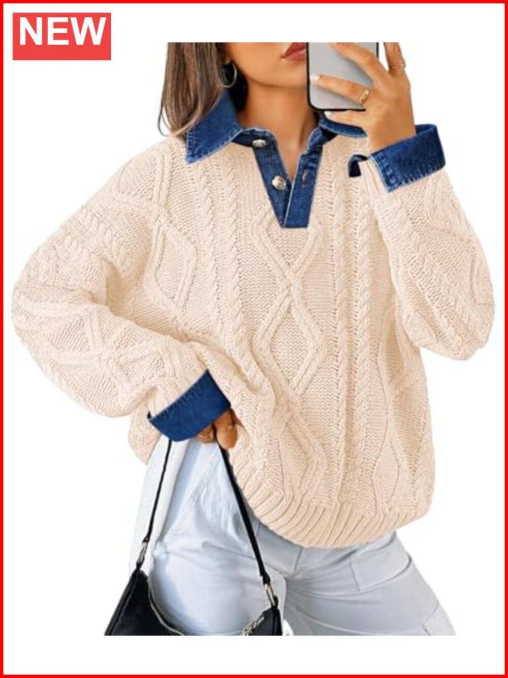 Women's Cable Knit Sweater Denim Polo Pullover Chunky V-Neck